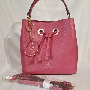 Nanette Lepore Pink Pebbled Leather Bucket Shoulder Bag with Heart Charm